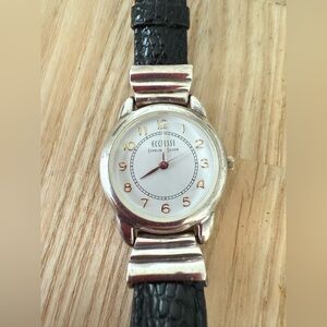 Ecclissi ladies sterling silver black leather watch NEW BATTERY